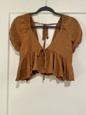 Chestnut Puff-Sleeve Tie-Front Peplum Blouse